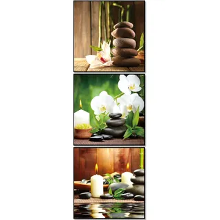 BERLIG Glasbilder Set 3er 30x30 cm Sicherheitsglas – Moderne Wandbilder für Wohnzimmer, Küche & Bad – Sonnenuntergang, Strand, Kaffee & Spa – inkl. Geschenkbox