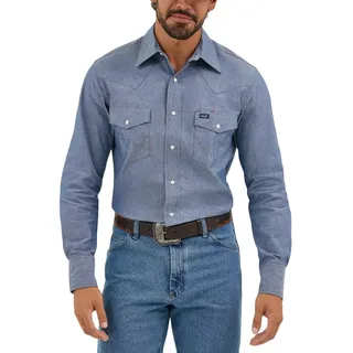 Wrangler Herren Cowboy-Schnitt, Western-arbeitshemd, Langärmelig, Druckknopfverschluss, Gewaschenes Finish Hemd, Dunkles Denim, L