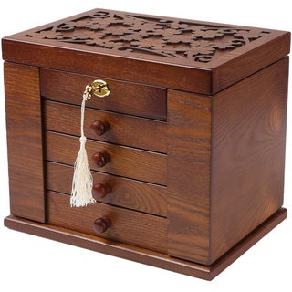 Changsuo Schmuckkästchen aus Holz für Frauen, Organizer-Box aus Massivholz mit Kombischloss für Schmuck, Uhren, Halsketten, Ring, Aufbewahrungsbox (dunkelbraun)