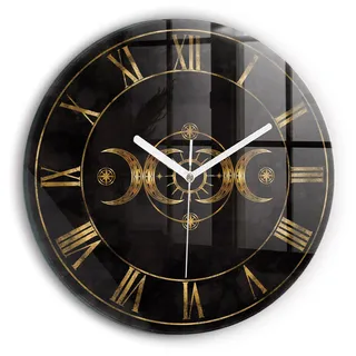 Wallfluent Wanduhr – Stilles Quarzuhrwerk - Uhr Dekoration Wohnzimmer Schlafzimmer Küche - schwarze Zeiger - 30 cm - Goldene römische Ziffern - Schwarz