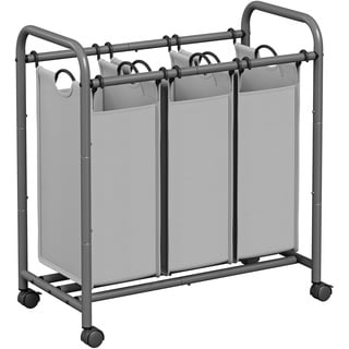 Songmics Wäschekorb 3 Fächer, Wäschesammler mit Rollen, Wäschesortierer, Wäsche-Sortiersystem, Wäschewagen mit Griffen, Wäschesack, abnehmbare Stofftaschen, grau LSF003GS