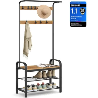 VASAGLE Garderobenständer, Garderobe, mit Schuhbank, 4-in-1 , 9 abnehmbare Haken, Kleiderstange, Eingangsbereich, Flur, 33,7 x 72 x 183 cm, Industrie-Design, walnussbraun-schwarz HSR040B41