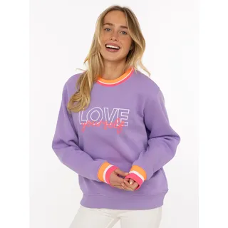 Hoodie ZWILLINGSHERZ "Love Yourself", Damen, Gr. S/M, mittellila, Sweatware, Obermaterial: 50% Baumwolle, 50% Polyester, Sweatshirts Hoodie, Rundhals, gestreifte Neon-Bündchen, gestickter Schriftzug