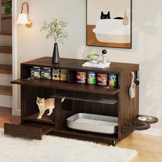 Flieks Sideboard Kommode mobil, Katzentoilettenschrank mit Katzenfuttertellern, entfernbarer Sandablassplatte und Schublade, 100x45.5x67cm, Nussbaum - Braun