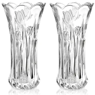 Dicunoy 2 Stück Glas Blumenvase, 24cm Große Moderne Glasvase für Tafelaufsätze, Moderne KlareTulpenvase, Rose Vase, Heavy Duty Crystal Tall Zylinder Flared Vase für Haus, Hochzeit, Wohnzimmer, Büro