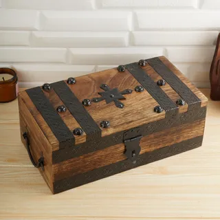 Ajuny Handgefertigte Holz Schatztruhe – Vintage Erinnerungs- & Schmuckbox mit Muschelstreifen, Vielseitige Geschenkbox zur Aufbewahrung von Ringen, Halsketten & Mehr, 28 x 15 cm