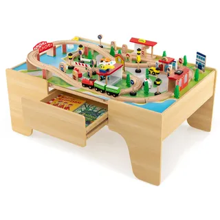 Fantask 84-teiliges Spieltisch Holz, Kinder Eisenbahn Set mit umkehrbarer & abnembarer Tischplatte und Schublade, Aktivitätstisch zum Spielen, Malen, Lesen, Essen, Spielzeug für Kinder ab 3 Jahren