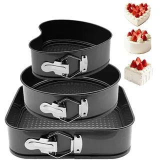 EUBSWA Springform Herz 18/Rund 20/Quadrat 22 cm - 3 Stück Kuchenform Mit Antihaftbeschichtung für Backform,Backformen,Tortenform,Kuchenformen