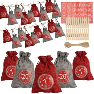 Bettizia Adventskalender zum Befüllen 2025, 24 Stück Weihnachtskalender, Weihnachtsdeko Säckchen/Tüten, Säckchen DIY Weihnachtsdeko,Rot/Grau - Rot