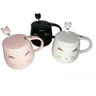 lachineuse – 3er-Set Kawaii-Katzen-Tassen 450 ml – Schwarz, Weiß & Rosa | Katzen-Tasse mit Deckel & Löffel – für Aufgüsse, Tee, Kaffee – Originelle Tasse, Geschenkidee, Japan Asien