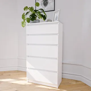 Kommode weiß mit fünf Schubladen, Schlafzimmer Flur Nachttisch, Schrank, Sideboard, Highboard, Breite 60 cm Höhe 112cm - Weiß