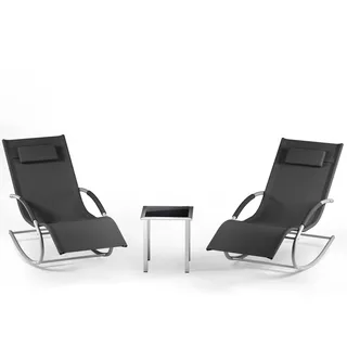 GarveeHome 3-Teiliges Outdoor-Lounge-Set Mit 2 Liegen Und 1 Couchtisch, Textilene-Schaukelstuhl Mit Gebogenem Metallrahmen, Liegestuhl Mit Kissen, Für Poolbereich, Terrasse Und Garten