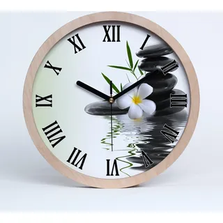Holzuhr 30fi cm wanduhr - schwarze Spitzen - Orchidee und Steine - Schwarz
