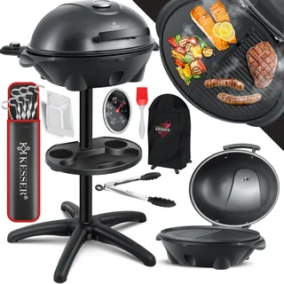 KESSER® elektrischer Elektrogrill 2in1 Tischgrill - Standgrill mit Deckel Standfuß | max. 2400 Watt Thermometer | Antihaftbeschichtung | XXL Grillplatte | integrierte Ablagefläche Elektro-Säulengrill