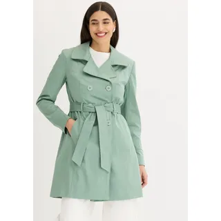Trenchcoat BONPRIX, Damen, Gr. 36, rauchgrün, Web, Obermaterial: 97% Baumwolle, 3% Elasthan. Futter: 100% Polyester, unifarben, A-Linie ca. Mitte Oberschenkel, angesetztes Bündchen, Mäntel Trenchcoat, mit abnehmbarem Bindegürtel, 2-Reiher, Topseller