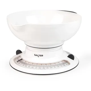 SALTER Küchenwaage Analog, Mechanische Küchenwaage mit 2,6L Schüssel, Waage Küchenwaage bis 4kg, Backwaage mit Drehscheibe & Herausnehmbarer Schüssel, Batterielos