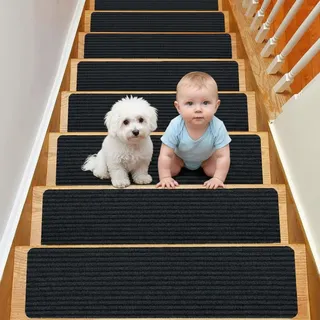 Xtrillogen 15 Stück Treppenstufen Matten,rutschfeste Teppich Treppenstufen,Innen Stufenmatten Selbstklebend,Zuschneidbar Treppenteppich Selbstklebend,Treppen Teppich für Kinder Ältere (Schwarz)