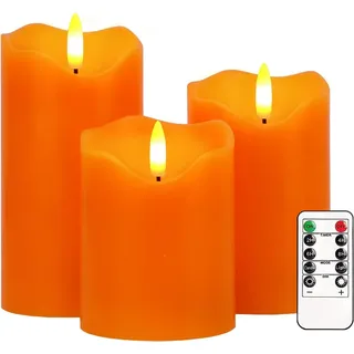 Kerze ohne Flamme, 3 blinkende LED-Kerzen, Orange, mit Fernbedienung und Timer, dimmbar, batteriebetrieben, elektrische Kerze für Halloween-Dekoration Herbst (Orange)