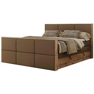 MKS Meble Doppelbett, Boxspringbett ALBERO 2 KING DUO mit zwei 7 Härtezonen Multipocket-Matratzen, genähtes Kopfteil und Front, Bettkästen - 180x200 cm - H3 - Braun Kunstleder - Braun