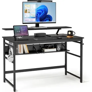 Mondeer Schreibtisch, Computertisch mit Langer Monitorständer und 2 Ablagen, Platzsparender für Arbeitszimmer Wohnzimmer Büro, 120 x 60 x 90 cm, Schwarz