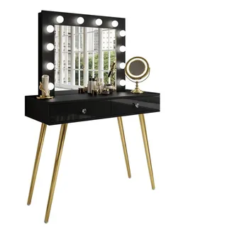 Schminktisch Sienna Gold mit Schubladen auf goldenen Beinen , Goldfarben, Schwarz Hochglanz , Holzwerkstoff , 100x81x42 cm , Schlafzimmer, Schminktische
