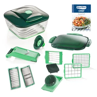 Zerkleinerer GENIUS "Nicer Dicer Chef inkl. Julienne-Reib-Einsatz, Set 16-tlg.", grün (grün, dunkelgrün), B:24,5cm H:25cm T:18cm, Zerkleinerer, Zerkleinerer, Nicer Dicer Schneidgerät in der 10. Generation für die ganze Familie