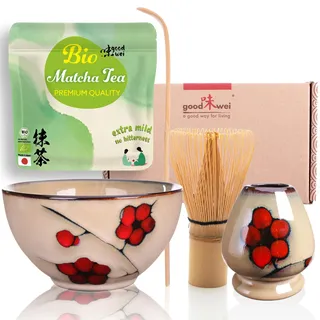 Goodwei BIO Matcha aus Japan im Matcha-Set komplett mit hochwertiger Matcha Schale aus Keramik, Matcha Besen und Besenhalter | Geschenkset für Teezeremonie (Plum)