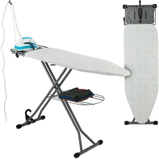 Relaxdays Bügelbrett für Dampfbügeleisen, 115 x 39 cm, höhenverstellbar, klappbar, Bügelstation & Ablage, weiß/Silber