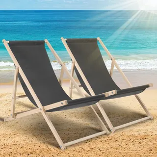 TolleTour 2X Liegestuhl Gartenstuhl Klappstuhl Kieferholz Holz Klappbar Relax Stoff Deck Grau - Grau