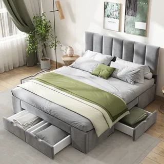 okwish Polsterbett 140 x 200 cm Doppelbett mit Lattenrost, mit Rückenlehne, 4 Schubladen auf Rädern, Heimbett, Samt (Grau) - Grau