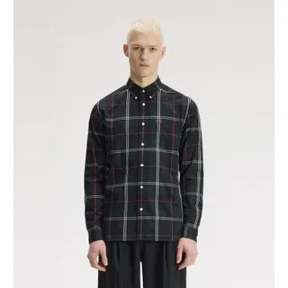 Fred Perry für Herren. M3456 Grünes Popeline-Hemd mit Karomuster (XL), Lässig, Baumwolle, Langarm