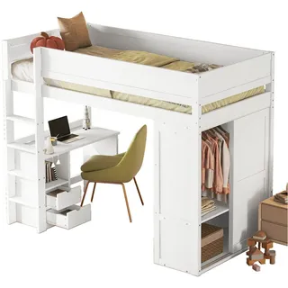Modfu Hochbett aus Kiefernholz und MDF 90x200 cm Weiß mit Schreibtisch, Kleiderschrank und 2 Schubladen , Holzwerkstoff , 90x200 cm , Babymöbel & Kindermöbel, Kinderzimmer & Jugendzimmer, Kinderbetten, Hochbetten