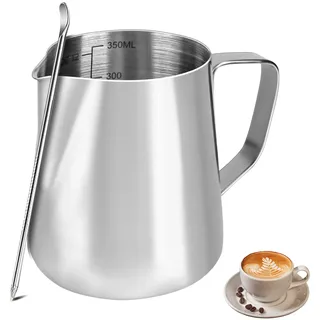 Milchkännchen, Handheld 304 Edelstahl Aufschäumkännchen, Milchkanne mit Messung Mark 12oz 350ml Barista, Milch Pitcher für Cappuccino, Latte Art,Espresso, Perfekt für Kaffeeliebhabe, Silber