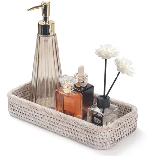 Rattan Badezimmer Eitelkeit Tabletts Toilettenbehälter Korb Aufbewahrung Lange Schmale Handtuch Aufbewahrungskorb für Lagerung, Dekorativ (Weißwäsche 26 x 12.5 x 4 cm)