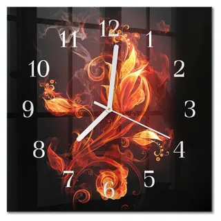 Tulup Glasuhr Wanduhr Küchenuhr Echt-Glas 30x30 cm Modern Dekorativ Geräuschlos Weiße Zeiger - Feuerblume - Orange
