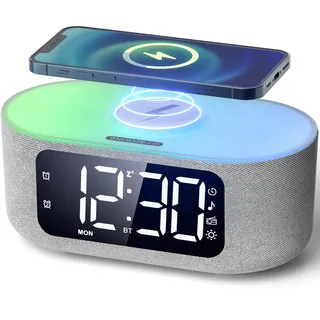 LIORQUE Digitaler Radiowecker mit Kabelloser Ladestation, Bluetooth Wecker mit Licht, 15W Fast Wireless Charger Qi, LED Display mit Auto Dimmer, 2 Wecker, Wochenendmodus, Schlafmusik