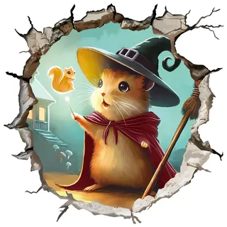 fufuquare 3D Karikatur Maus Loch Wandtattoo Abziehen und Aufkleben, Glänzendes Finish Magische Ratten Zauberer mit leuchtendem Eichhörnchen Wandaufkleber für Kinderzimmer, Wohnzimmer, Schlafzimmer