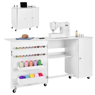 Vevor Nähtisch Nähschrank mit Rädern & Holzrahmen & Ablagefächer & magnetischer Tür, Nähmaschinentisch Mehrzwecktisch 40 kg belastbar für Bastelstation und Beistelltisch weiß
