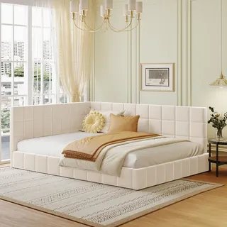 Merax Polsterbett 140x200cm mit Lattenrost und Samtbezug, Tagesbett Schlafsofa Funktionsbett Doppelbett, Beige - Beige
