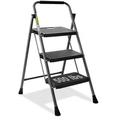 HBTower 3-Stufen-Leiter, Klapp-Step-Hocker mit breitem Anti-Rutsch-Pedal, 228KGS stabile Stahlleiter, bequemer Handgriff, leichter, tragbarer Stahl-Step-Hocker, grau