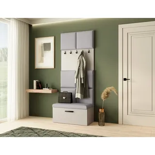 Garderobe MARGARET I , Farbe: Weiß + Grau , mit gepolsterten Paneelen und Kleiderhaken - Weiß, Grau
