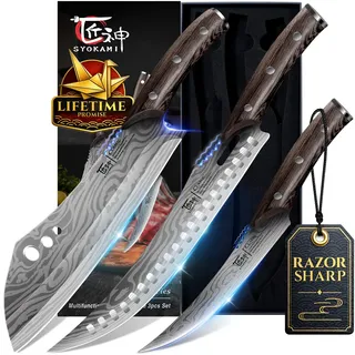 Fleischermesser Set, 3-teilig, Küchenmesser zum Schneiden von Fleisch, Hackmesser, Ausbeinmesser & Zerlegemesser, Japanischer Stil aus Hochkohlenstoffstahl, Zum Hacken, Schneiden, Ausbeinen