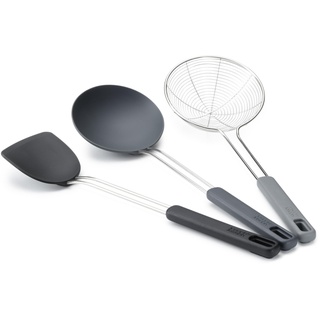 Joseph Joseph Nest Fusion 3-teiliges Silikon Edelstahl Wok Zubehör Set, Pfannenwender, Löffel und Skimmer, BPA frei, Hitzebeständig, Antihaftbeschichtet Koch Utensilien