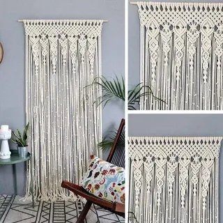 Unyqoos® FIYSON Makramee-Wandbehang 100 x 200 cm – handgewebter Baumwollvorhang, Boho Tür- & Raumteiler, Fenster- und Wanddekoration, Hochzeitskulisse - Beige