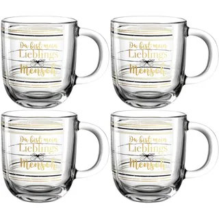 LEONARDO Emozione Geschenk Tassen Lieblingsmensch, 4 Stück, spülmaschinengeeignete Glas-Tassen, Tee-Tassen mit goldenem Schriftzug, 400 ml, 046453