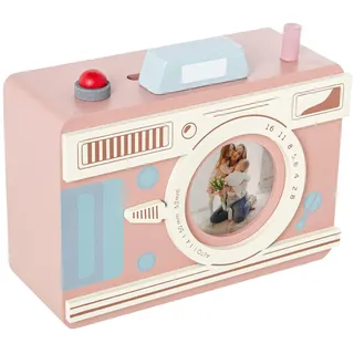 Spardose aus Holz in Form Einer Fotokamera in Weiß und Rosa, 15 x 8 x 18 cm