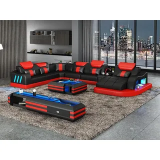 Design Wohnlandschaft Led Beleuchtete Ecksofa Couch Sofa Eckgarnitur Ledersofa - Schwarz