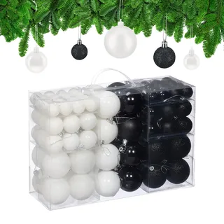 Relaxdays Weihnachtskugeln 100er Set, Weihnachtsdeko, matt, glänzend, glitzernd, Baumkugeln ∅ 3, 4 & 6 cm, schwarz/weiß