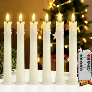 wiipara 6 Stück LED Stabkerzen, Flackernde Spitzkerzen Tropfwachs-Kerzen mit Timerfunktion, Flammenlose 17 cm LED Candles mit Fernbedienung und Sockel für Halloween, Hochzeiten, Partys, Weihnachtsdeko