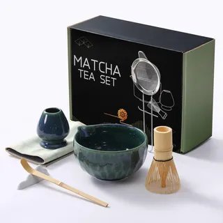 LXAIZHM Matcha Set, 7 Stücke Macha Tea Set mit Sieb, Schale, Bambuslöffel, Chasen Halter, Idealisches Geschenk für Matcha Liebhaber